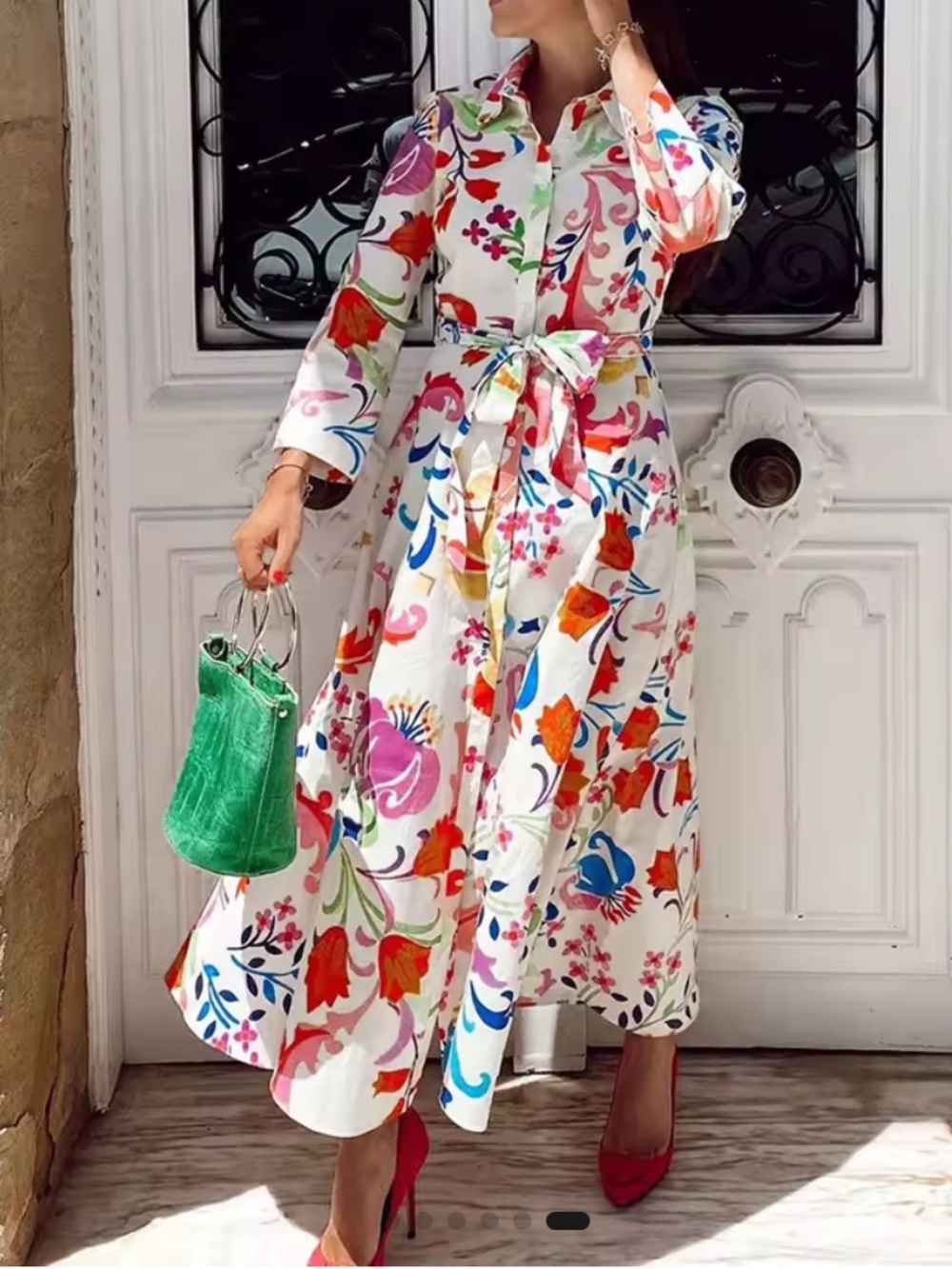 Bright floral print midi button up shirt dress with belt 3/4 sleeve